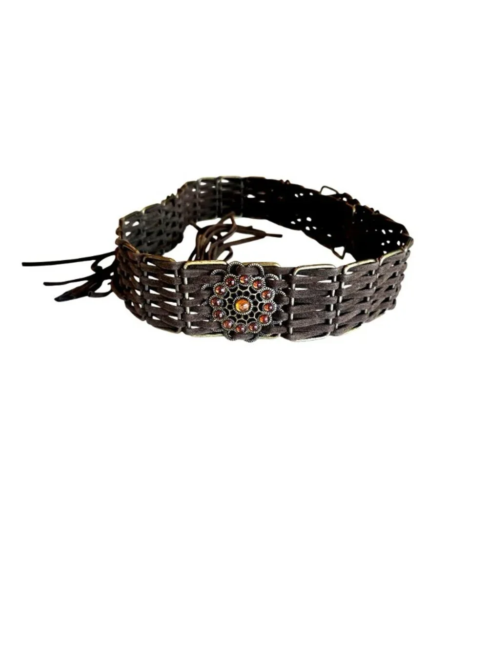 Chocolate Brown Braided Woven Faux Leather Ornate Concho Rhinestone Fringe Belt